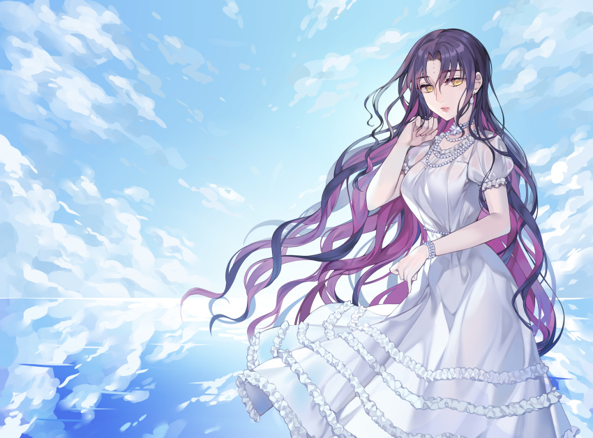 1girl absurdres bangs black_hair blue_sky bracelet breasts brown_eyes clouds commentary_request day dress facial_mark fate/extra fate/extra_ccc fate_(series) forehead_mark frilled_dress frills hair_between_eyes hand_up highres horizon jewelry long_hair looking_at_viewer may_(2747513627) medium_breasts multicolored_hair necklace ocean outdoors parted_bangs parted_lips pearl_bracelet pearl_necklace puffy_short_sleeves puffy_sleeves purple_hair reflection reflective_water sesshouin_kiara short_sleeves sky solo two-tone_hair very_long_hair water white_dress