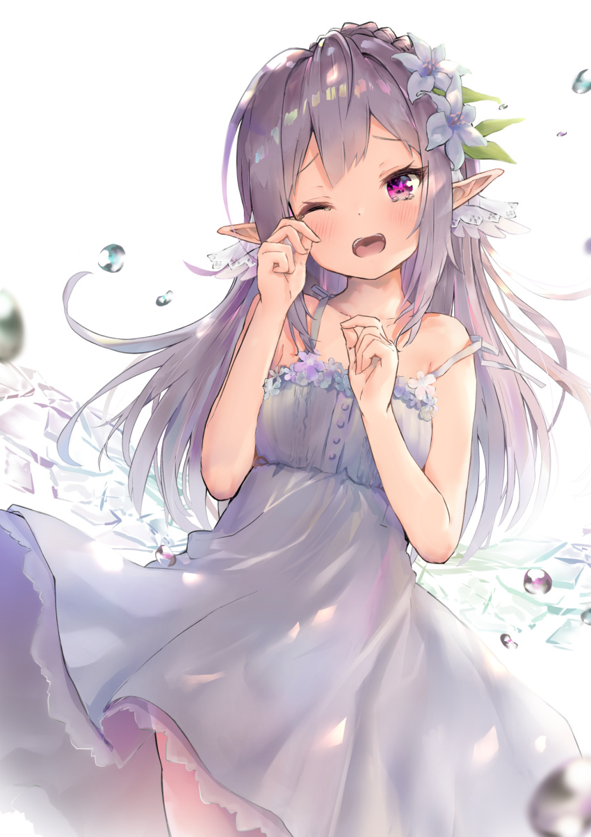 1girl bangs bare_arms bare_shoulders blush collarbone commentary_request dress elf flower gaaratelier grey_dress grey_flower grey_hair hair_flower hair_ornament highres long_hair one_eye_closed open_mouth original pointy_ears purple_flower simple_background sleeveless sleeveless_dress solo strap_slip tears very_long_hair violet_eyes water_drop white_background wiping_tears