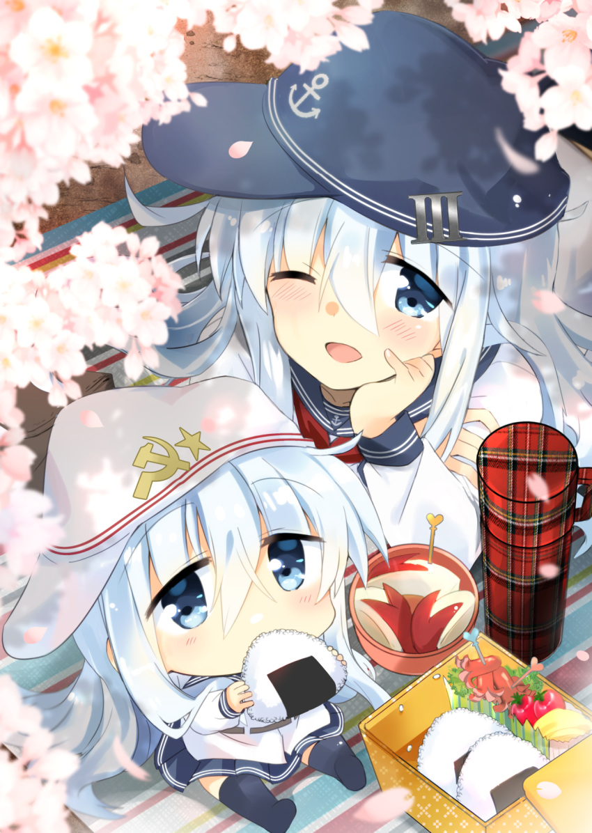 2girls anchor_symbol apple_bunny black_legwear black_sailor_collar black_skirt blue_eyes cherry_blossoms chibi commentary_request dual_persona eating flat_cap food hammer_and_sickle hat hibiki_(kantai_collection) highres hizuki_yayoi kantai_collection long_hair looking_at_viewer lying multiple_girls neckerchief on_stomach one_eye_closed onigiri pleated_skirt red_neckwear sailor_collar school_uniform serafuku silver_hair sitting skirt thermos thigh-highs upper_body verniy_(kantai_collection)