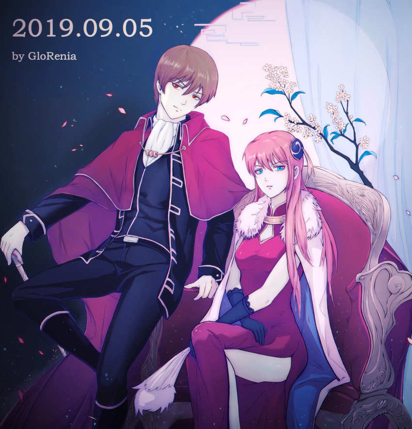 2019 absurdres artist_name black_gloves black_jacket black_pants blue_eyes brown_hair cape china_dress chinese_clothes dated dress elbow_gloves fur-trimmed_cape fur_trim gintama glorenia gloves hair_bun highres jacket kagura_(gintama) long_hair long_sleeves looking_at_viewer okita_sougo open_clothes open_jacket pants parted_lips petals red_cape red_dress red_eyes shiny shiny_hair side_slit sitting sleeveless sleeveless_dress white_cape wing_collar