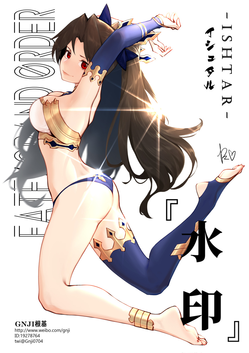 1girl absurdres anklet armpits arms_up artist_name ass bandeau bare_shoulders black_hair blue_legwear blue_ribbon breasts character_name commentary_request copyright_name detached_sleeves fate/grand_order fate_(series) from_side full_body gnji_genji hair_ribbon highres ishtar_(fate)_(all) ishtar_(fate/grand_order) jewelry large_breasts long_hair looking_at_viewer midriff red_eyes ribbon simple_background single_thighhigh smile solo strapless thigh-highs thighs tiara toeless_legwear white_background