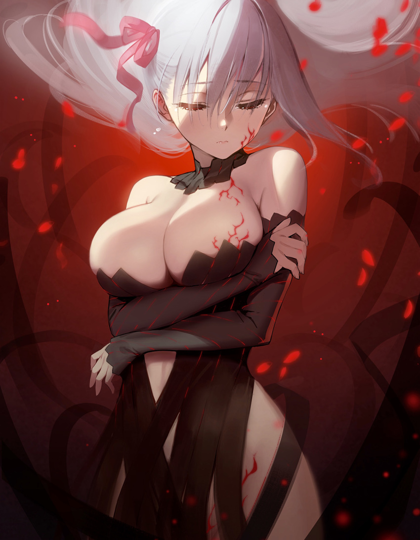 1girl bangs bare_shoulders black_background body_markings breast_hold breasts dark_persona dark_sakura detached_sleeves eyebrows_visible_through_hair eyelashes fate/stay_night fate_(series) floating_hair gradient gradient_background hair_ribbon heaven's_feel highres large_breasts long_hair looking_down matou_sakura petals red_background red_eyes ribbon siino solo standing tears type-moon very_long_hair white_hair
