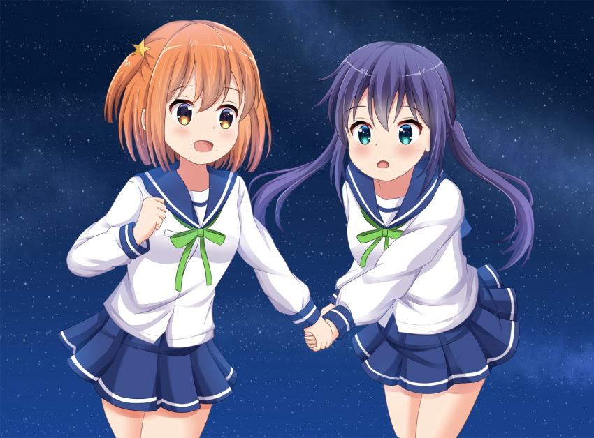 2girls :d blue_eyes blue_hair blue_sailor_collar blue_skirt blush bow breasts brown_eyes brown_hair commentary_request green_bow hair_ornament highres holding_hand koisuru_asteroid konohata_mira koyuki_(azumaya999) long_hair long_sleeves manaka_ao multiple_girls night night_sky one_side_up open_mouth outdoors pleated_skirt sailor_collar shirt skirt sky small_breasts smile star star_(sky) star_hair_ornament starry_sky twintails very_long_hair white_shirt