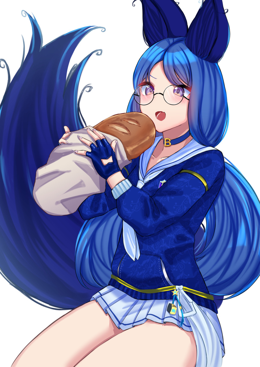 1girl absurdres animal_ears bangs black-framed_eyewear blade_&amp;_soul blue_choker blue_gloves blue_hair blue_shirt blush bread choker collarbone commission eyebrows_behind_hair fingerless_gloves food fox_ears fox_girl fox_tail glasses gloves highres holding holding_food kanta_(kanta_077) long_hair long_sleeves lyn_(blade_&amp;_soul) neckerchief open_mouth original parted_bangs pleated_skirt round_eyewear sailor_collar school_uniform serafuku shirt simple_background sitting skirt solo tail very_long_hair violet_eyes white_background white_neckwear white_sailor_collar white_skirt