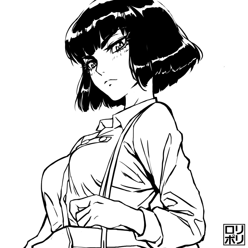 1girl alternate_hair_length alternate_hairstyle bag bangs breasts casual frown greyscale handbag high_contrast highres inktober jamrolypoly kill_la_kill kiryuuin_satsuki looking_at_viewer medium_breasts monochrome shirt short_hair solo thick_eyebrows