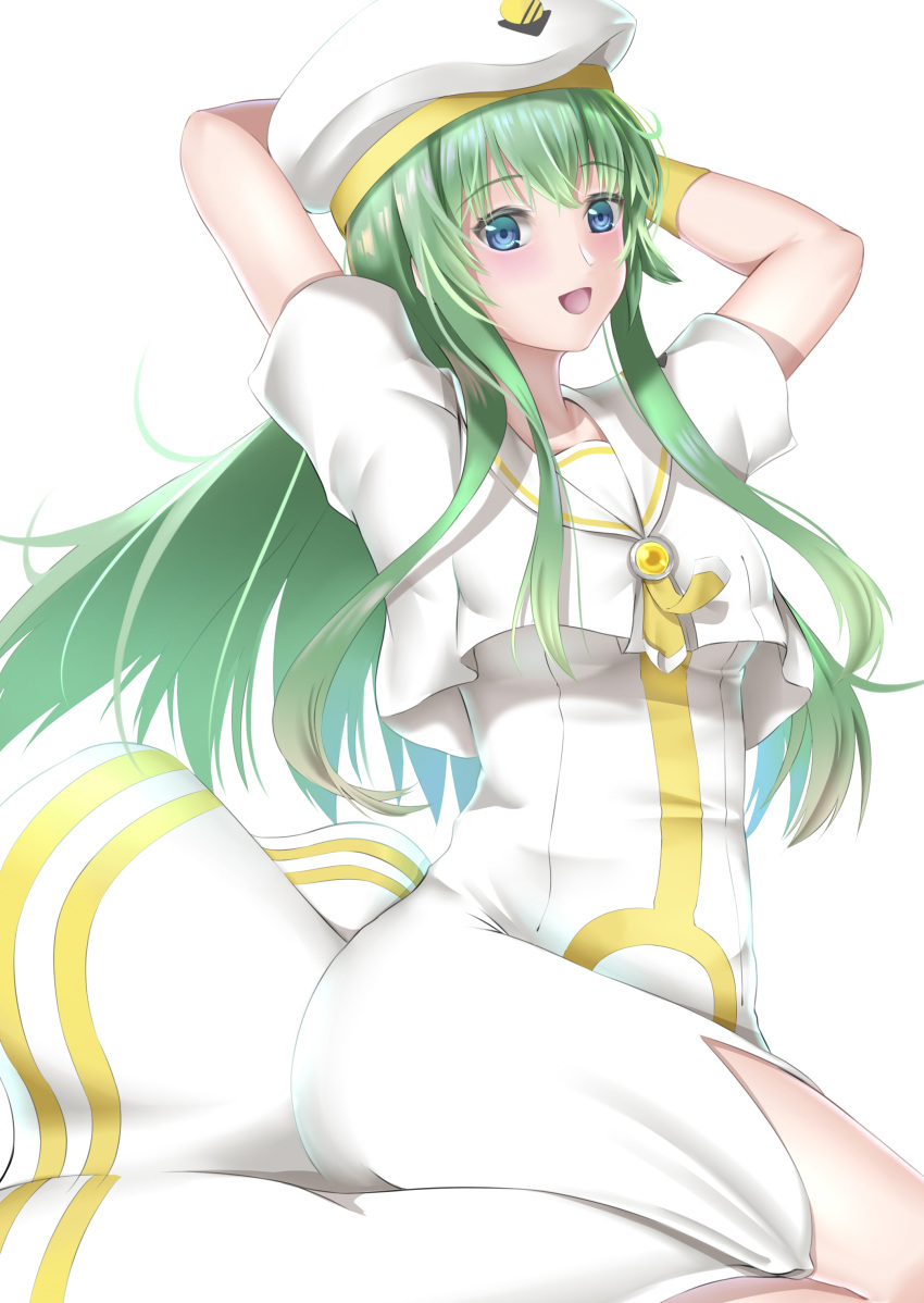 1girl :d absurdres alice_carroll aria arms_up blue_eyes blush dress floating_hair green_hair hands_on_headwear hat highres kamehito long_dress long_hair looking_at_viewer open_mouth orange_planet_uniform shiny shiny_hair short_sleeves side_slit simple_background smile solo straight_hair very_long_hair white_background white_dress white_headwear