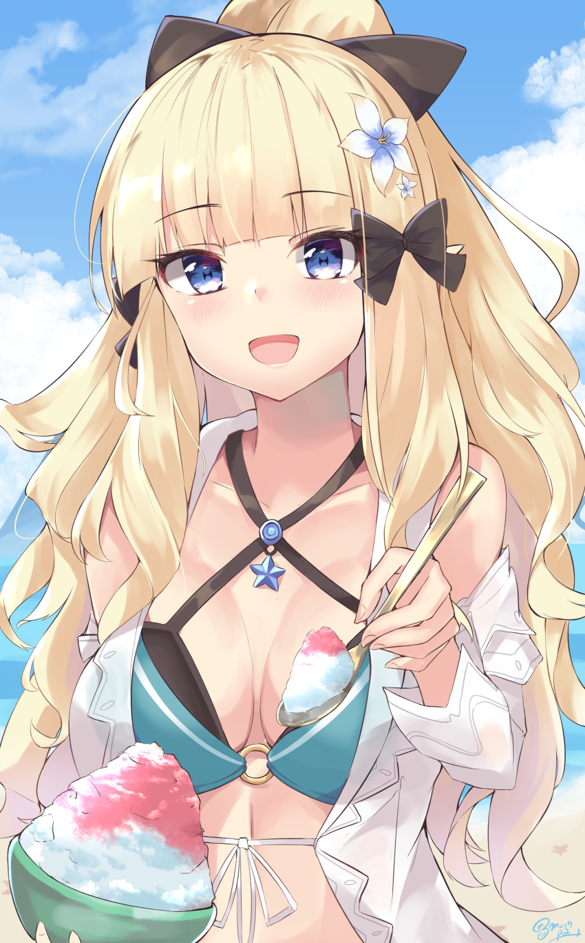 1girl absurdres aqua_bikini bangs beach bikini black_bow blonde_hair blue_eyes blunt_bangs bow clouds commentary_request criss-cross_halter day elf flower food hair_bow hair_flower hair_ornament halterneck highres holding holding_food holding_spoon ice k-doku layered_bikini looking_away o-ring o-ring_bikini ocean open_mouth outdoors pointy_ears princess_connect! princess_connect!_re:dive sasaki_saren shaved_ice sheer_clothes spoon swimsuit upper_body water