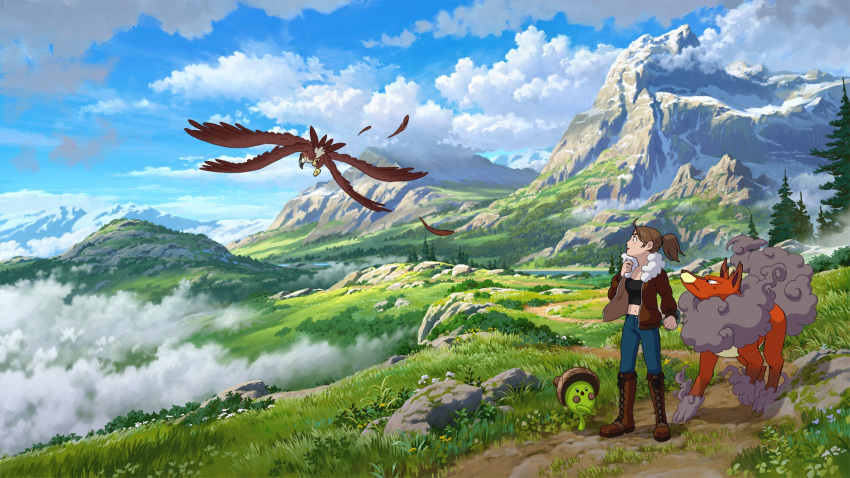 1girl anime_coloring bird blue_pants boots brown_footwear brown_hair brown_jacket chiara_zuliani clouds cloudy_sky commentary creature crop_top cross-laced_footwear day english_commentary fantasy field grass highres jacket kindred_fates knee_boots lace-up_boots landscape long_sleeves lorenzo_lanfranconi mountain official_art open_clothes open_jacket outdoors pants ponytail promotional_art scenery sky tree wide_shot