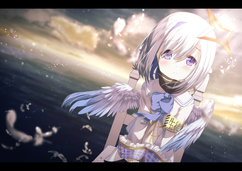 1girl amane_kanata armband bangs blue_bow blue_wings blurry blurry_background blush bow chair chinomaron closed_mouth commentary_request depth_of_field dutch_angle eyebrows_visible_through_hair eyes_visible_through_hair feathered_wings gradient gradient_wings hair_ornament hair_over_one_eye hololive horizon jacket long_sleeves looking_at_viewer multicolored multicolored_wings ocean on_chair plaid silver_hair sitting solo sunlight violet_eyes virtual_youtuber water white_jacket white_wings wings