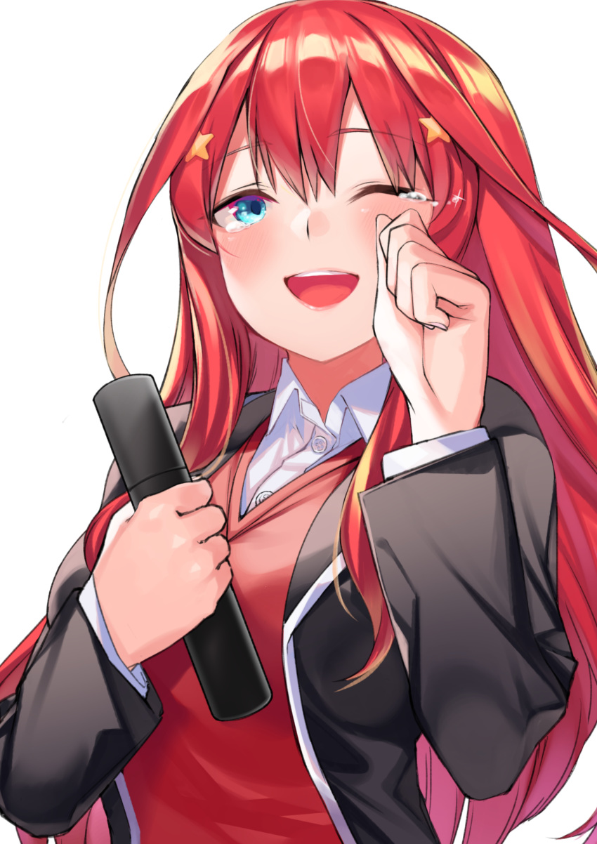 1girl absurdres blazer blue_eyes eyebrows_visible_through_hair go-toubun_no_hanayome hair_ornament hand_up highres jacket long_hair long_sleeves looking_at_viewer nakano_itsuki one_eye_closed open_mouth redhead shirt simple_background solo star star_hair_ornament tears teeth upper_body upper_teeth wachiroku_(masakiegawa86) white_background white_shirt