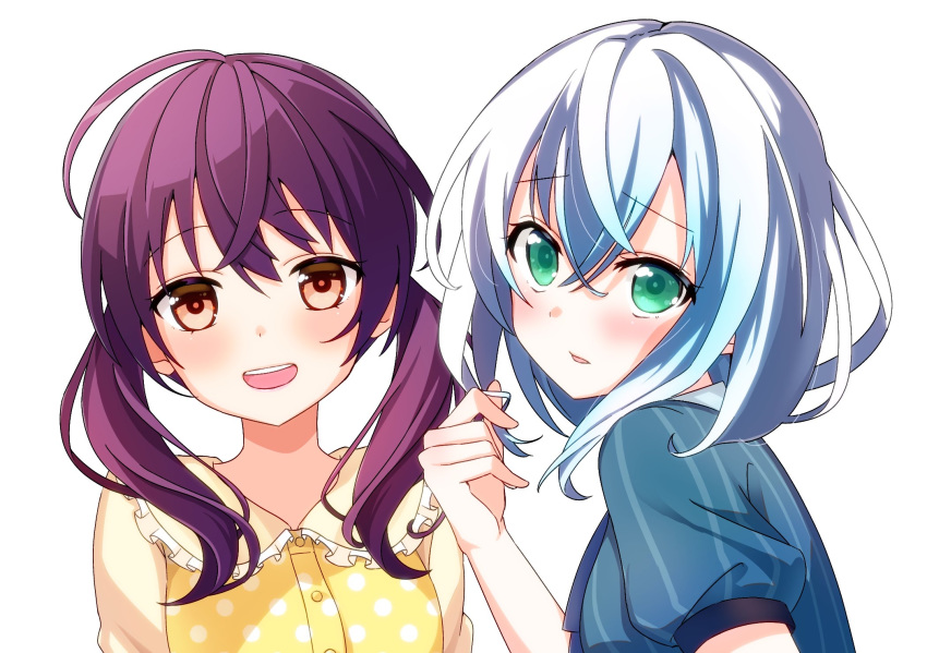 2girls :d ahoge bang_dream! bangs blue_dress blush breasts brown_eyes commentary_request crossed_bangs dress eyebrows_visible_through_hair frilled_shirt_collar frills futaba_tsukushi green_eyes hair_between_eyes highres kurata_mashiro long_hair looking_at_viewer multiple_girls open_mouth parted_lips playing_with_own_hair polka_dot polka_dot_shirt profile puffy_short_sleeves puffy_sleeves purple_hair shirt short_hair short_sleeves sidelocks silver_hair simple_background smile striped tawai twintails upper_body upper_teeth vertical-striped_dress vertical_stripes white_background yellow_shirt