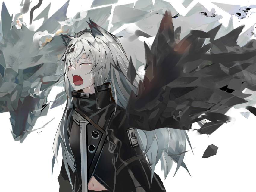 1girl animal_ears arknights bangs black_jacket closed_eyes commentary_request crying fangs grey_hair hair_between_eyes hair_ornament hairclip high_collar highres hzw3 jacket lappland_(arknights) long_hair mirror_image navel open_mouth scar scar_across_eye simple_background sobbing solo streaming_tears sword tears teeth upper_body weapon white_background wolf_ears