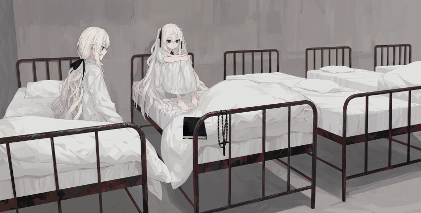 2girls absurdres barefoot bed black_eyes black_ribbon book commentary_request denki_ryu dress expressionless hair_ribbon highres knees_up long_hair multiple_girls on_bed original ribbon rosary rust sitting very_long_hair white_dress white_hair