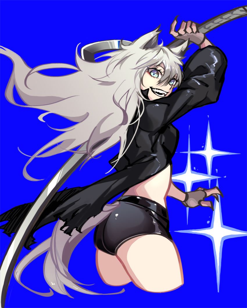 1girl animal_ears arknights ass black_coat black_shorts blue_background blue_eyes claws coat cowboy_shot fangs fingerless_gloves ghooost gloves grey_gloves hair_between_eyes highres katana lappland_(arknights) long_hair long_sleeves looking_at_viewer midriff open_mouth short_shorts shorts silver_hair simple_background solo sparkle sword tail thighs torn_coat weapon wolf_ears wolf_tail