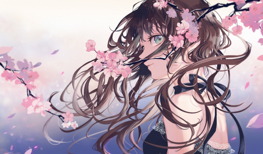 1girl aqua_eyes bare_shoulders black_dress black_ribbon blue_background breasts brown_hair cherry_blossoms closed_mouth dress floating_hair from_side gradient gradient_background lace lace-trimmed_dress long_hair looking_at_viewer looking_to_the_side medium_breasts original petals ribbon sakuragi_kei smile solo tree_branch upper_body wind