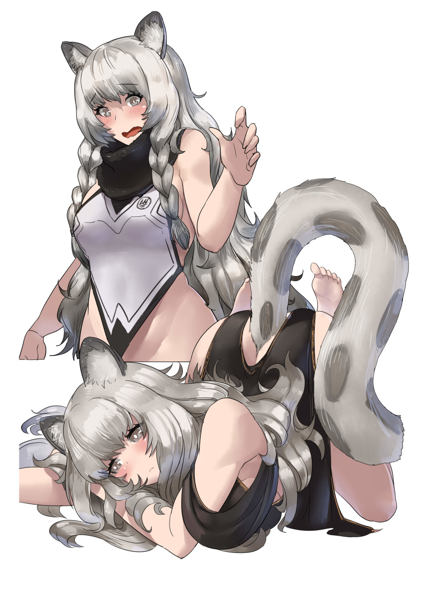 1girl absurdres all_fours alternate_costume animal_ear_fluff animal_ears arknights bare_legs barefoot black_dress black_hair blush breasts china_dress chinese_clothes chinese_commentary closed_mouth commentary_request dress eyebrows_visible_through_hair fur_collar grey_eyes highres large_breasts leopard_ears leopard_tail long_hair multicolored_hair multiple_views open_mouth pelvic_curtain pramanix_(arknights) shizuoxing_kof sideboob silver_hair simple_background sleeveless tail thighs two-tone_hair wavy_hair wavy_mouth white_background