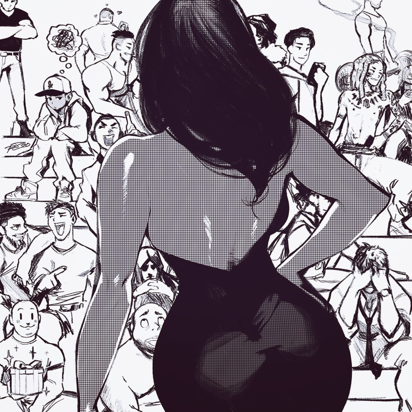 1girl 6+boys artist_self-insert ass backboob backless_dress backless_outfit breasts commentary crowd dark_skin dress english_commentary greyscale high_contrast highres medium_hair monochrome multiple_boys original real_life_insert robert_porter screentones sitting sleeveless sleeveless_dress slender_waist solo_focus spoken_squiggle squiggle strapless strapless_dress thought_bubble very_dark_skin