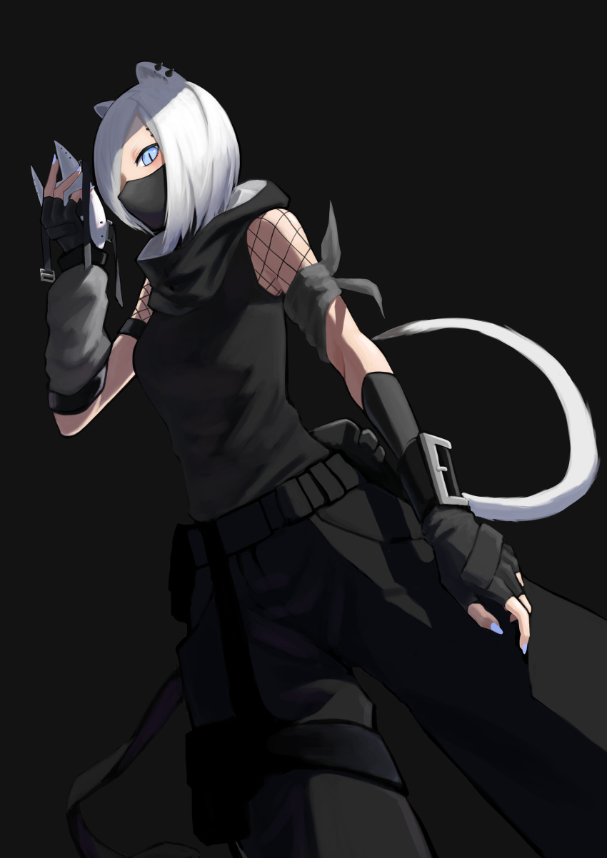 1girl absurdres animal_ears arknights armband belt belt_pouch black_background black_gloves black_pants black_shirt breasts cat_ears cat_tail cowboy_shot ear_piercing elbow_gloves fingerless_gloves fishnets from_below gloves hair_over_one_eye highres light_blue_eyes looking_at_viewer mask medium_breasts mouth_mask nail_polish pants piercing pouch shirayuki_(arknights) shirt short_hair simple_background sleeveless sleeveless_shirt slit_pupils solo tail white_hair white_nails yakupan