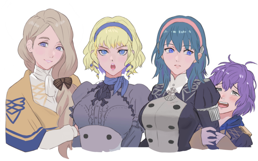 4girls adz_lrp arm_hug bernadetta_von_varley blonde_hair blue_eyes blue_hair blue_hairband bow byleth_(fire_emblem) byleth_eisner_(female) constance_von_nuvelle earrings fire_emblem fire_emblem:_three_houses garreg_mach_monastery_uniform grey_eyes hair_bow hairband jewelry long_hair long_sleeves low_ponytail mercedes_von_martritz multicolored_hair multiple_girls open_mouth parted_lips pink_hairband purple_hair short_hair simple_background tearing_up uniform upper_body white_background