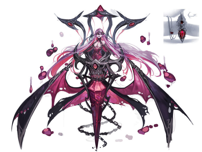 1girl absurdres armpit_crease bare_shoulders black_gloves black_sclera blood bridal_gauntlets broken broken_mask choker chyan covered_navel crystal demon_wings elbow_gloves floating gem gloves highres long_hair mask open_mouth original photo-referenced pink_eyes pink_hair pointy_ears simple_background sketch slit_pupils solo teeth tongue torn_wings upper_body vampire very_long_hair white_background wings
