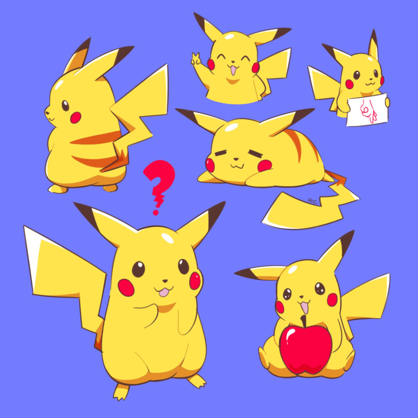 =_= ? artsy-rc blue_background circle_game commentary english_commentary gen_1_pokemon highres holding holding_sign no_humans pikachu pokemon pokemon_(creature) red_apple sign simple_background sleeping v