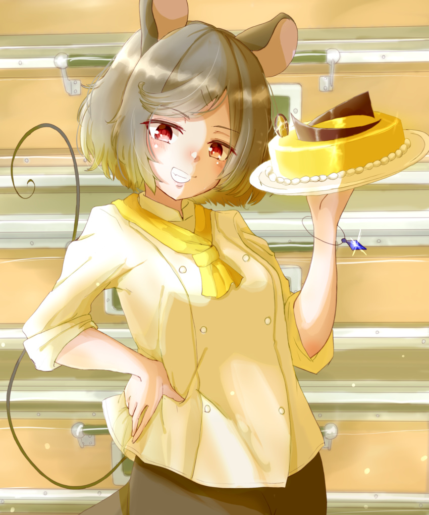 1girl absurdres alternate_costume animal_ears ascot bangs bracelet cake chef_uniform commentary_request cowboy_shot eyebrows_visible_through_hair food glint grey_hair grey_skirt grin gumi_(fwjn7284) hand_on_hip head_tilt highres holding holding_plate indoors jewelry kitchen long_sleeves looking_at_viewer mouse_ears nazrin pendant plate red_eyes short_hair skirt sleeves_rolled_up smile solo standing swept_bangs tail touhou yellow_neckwear