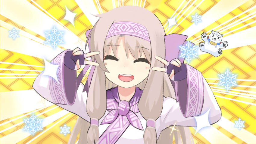 1girl ainu_clothes bangs bear blush bow breasts chibi closed_eyes double_v emotional_engine_-_full_drive fate/grand_order fate_(series) fingerless_gloves gloves hair_between_eyes hair_tubes hairband hands_up illyasviel_von_einzbern light_brown_hair long_hair long_sleeves looking_at_viewer open_mouth parody polar_bear purple_bow purple_gloves purple_hairband purple_scarf scarf shirou_(fate/grand_order) sidelocks sitonai small_breasts smile snowflakes sparkle suezu1022 sunburst sunburst_background v wide_sleeves yellow_background