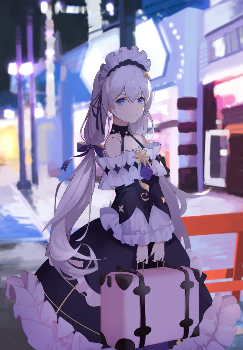 1girl alternate_costume alternate_hairstyle bare_shoulders black_choker black_ribbon blue_eyes blurry blurry_background bow choker city_lights commentary_request dress earrings enmaided frilled_dress frills hair_between_eyes hair_bow hair_ornament hair_ribbon halter_dress highres holding_suitcase honkai_(series) honkai_impact_3rd hymxiaocyan jewelry long_hair long_sleeves looking_at_viewer maid maid_headdress night outdoors ribbon silver_hair suitcase theresa_apocalypse twintails very_long_hair