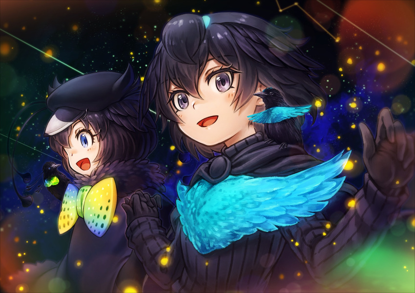 2girls bangs bird_wings black_capelet black_eyes black_gloves black_hair black_headwear black_shirt blue_eyes bow bowtie cabbie_hat capelet commentary_request eyebrows_visible_through_hair fireflies fur_collar gloves greater_lophorina_(kemono_friends) hat highres holding_hands kemono_friends lain large_bow long_sleeves looking_at_viewer multicolored_neckwear multiple_girls namesake open_mouth shirt short_hair smile western_parotia_(kemono_friends) wings