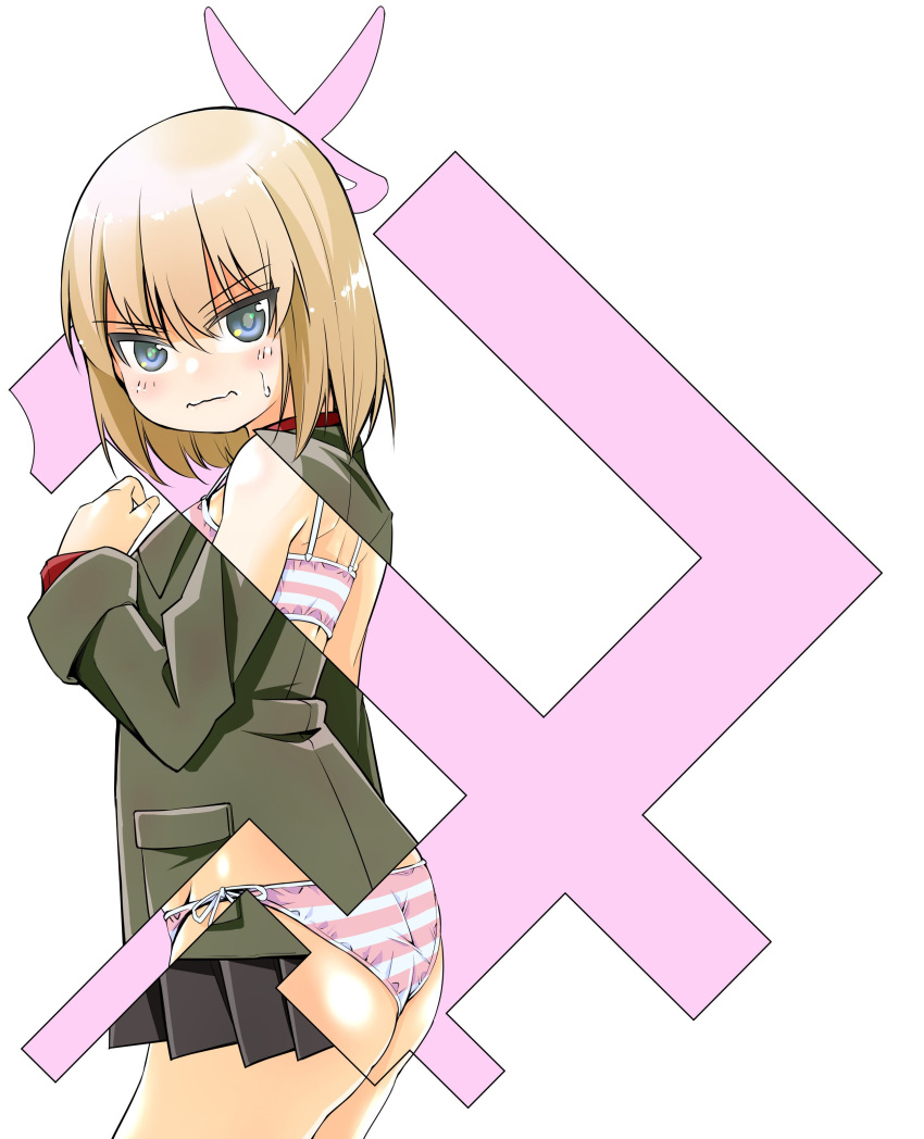 1girl absurdres ass bangs black_skirt blonde_hair blue_eyes blush bra closed_mouth commentary emblem eyebrows_visible_through_hair facing_viewer from_side girls_und_panzer green_jacket highres jacket katyusha_(girls_und_panzer) long_sleeves looking_at_viewer miniskirt panties pink_bra pink_panties pleated_skirt pravda_(emblem) pravda_school_uniform red_shirt revealing_cutout school_uniform shirt short_hair side-tie_panties sieles_(sero-sero) skirt smile solo standing striped striped_bra striped_panties sweatdrop training_bra underwear white_background