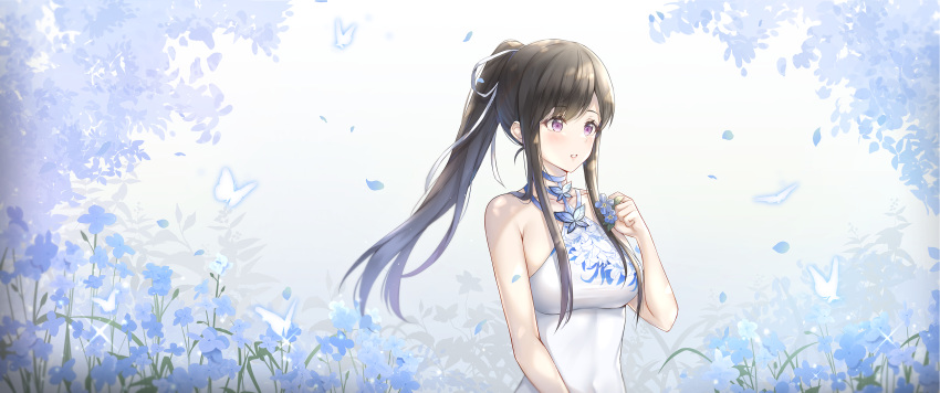 1girl absurdres armpit_crease bare_arms bare_shoulders black_hair blue_flower breasts choker commission cuna_(qunya) dress flower hair_ribbon highres holding large_breasts long_hair looking_away original parted_lips ponytail ribbon sidelocks sleeveless sleeveless_dress solo violet_eyes white_dress wide_shot