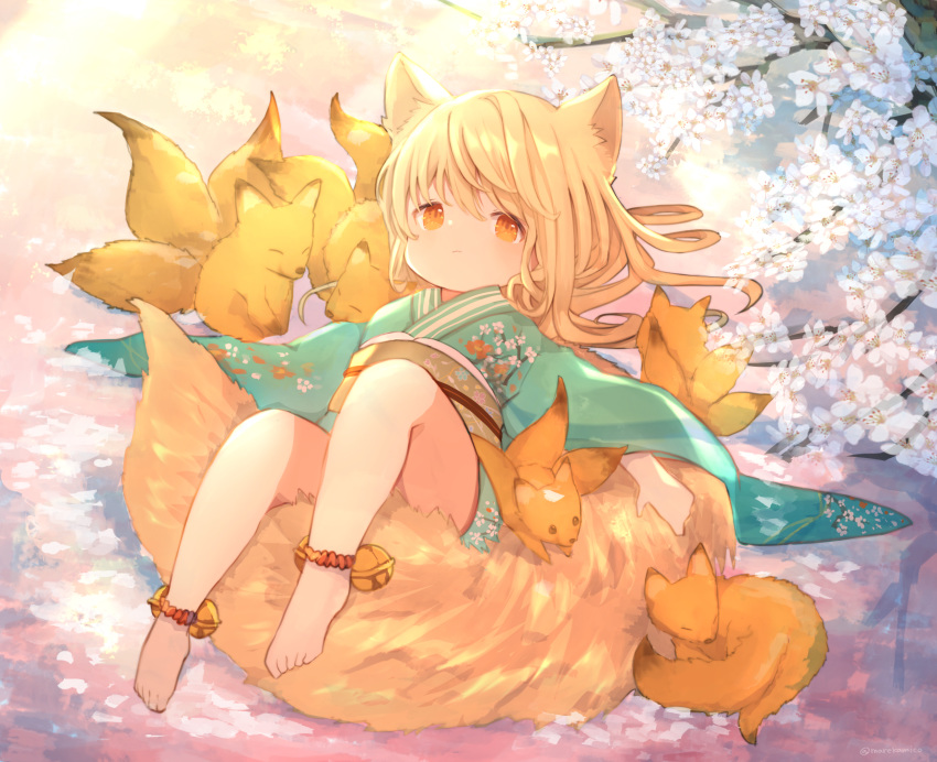 1girl animal_ears ankle_bell anklet barefoot blonde_hair cherry_blossom_print cherry_blossoms commentary_request expressionless floating_hair floral_print fox fox_ears fox_girl furisode gradient gradient_background green_kimono highres japanese_clothes jewelry kimono kitsune knee_up looking_at_viewer lying medium_hair obi on_back orange_eyes original reclining sash sitting_on_tail solo tail tail_hold tree_branch umika35