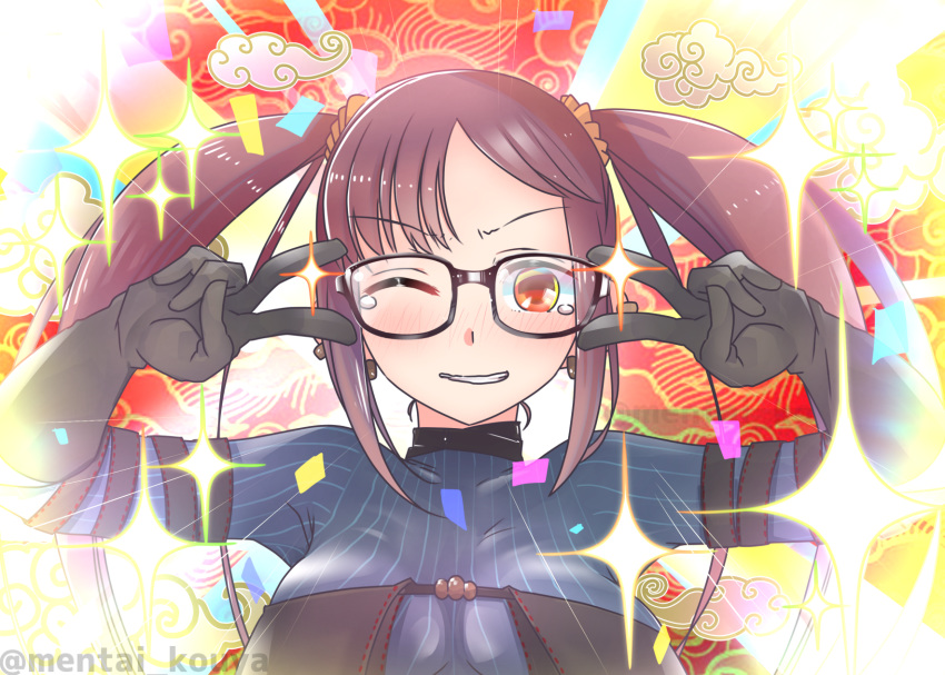 1girl bangs black-framed_eyewear black_dress black_gloves blush breasts brown_hair center_opening choker consort_yu_(fate) double_v dress earrings elbow_gloves emotional_engine_-_full_drive fate/grand_order fate_(series) glasses gloves grey_dress hands_up highres jewelry layered_dress long_hair looking_at_viewer medium_breasts mentaiko_mamire multiple_earrings one_eye_closed parody red_background red_eyes ribbed_dress ribbon-trimmed_dress sidelocks smile solo sparkle sunburst sunburst_background tearing_up twintails v very_long_hair yellow_background