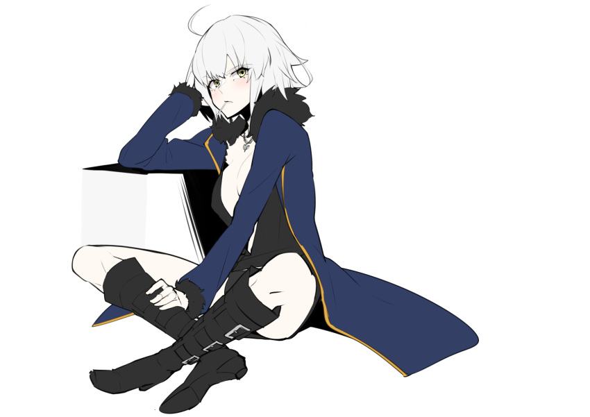 1girl ahoge black_dress black_footwear blue_jacket blush boots dress eyebrows_visible_through_hair fate/grand_order fate_(series) highres jacket jeanne_d'arc_(alter)_(fate) jeanne_d'arc_(fate)_(all) looking_at_viewer open_clothes open_jacket open_mouth short_dress short_hair simple_background sitting solo takatun223 white_background white_hair wicked_dragon_witch_ver._shinjuku_1999 yellow_eyes