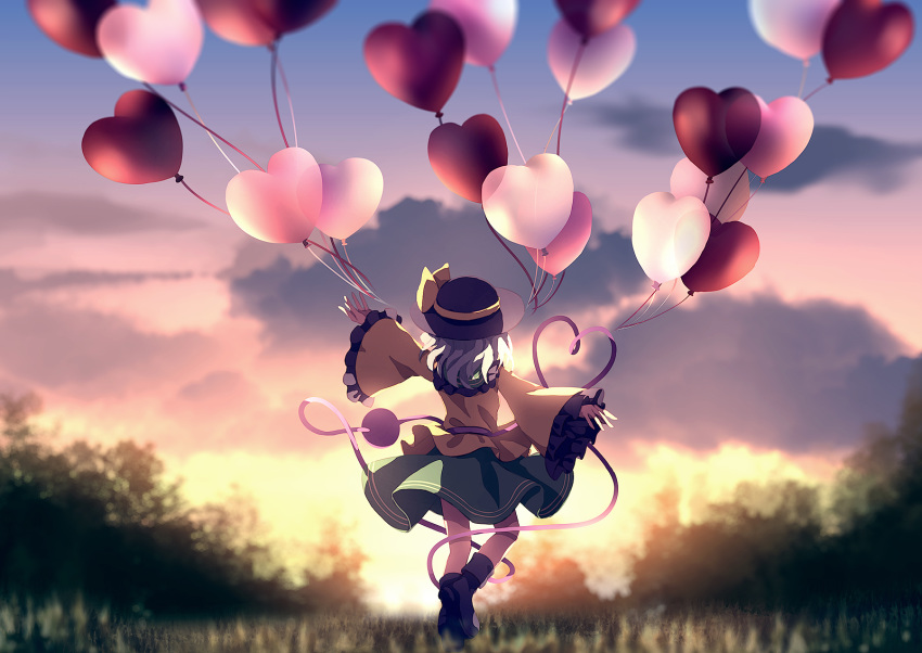1girl aqua_hair arms_up balloon black_footwear black_headwear blurry blurry_background boots clouds commentary_request day depth_of_field dise forest frilled_sleeves frills from_behind gradient_sky grass green_skirt hat hat_ribbon heart_balloon highres komeiji_koishi long_sleeves nature outdoors ribbon scenery shirt short_hair skirt sky solo standing standing_on_one_leg third_eye touhou twilight yellow_shirt