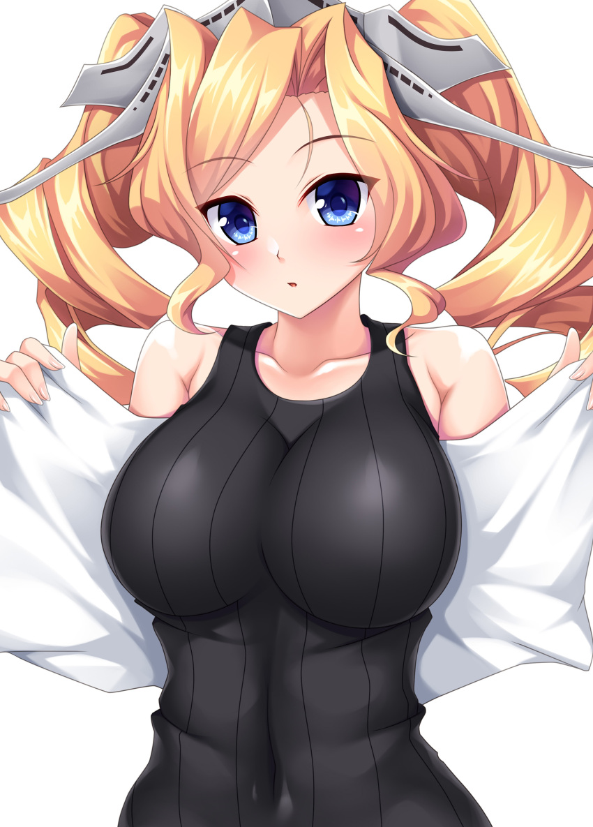 1girl absurdres black_shirt blue_eyes breasts collarbone drill_hair headgear highres honolulu_(kancolle) kantai_collection large_breasts ruin_re_birth shirt simple_background sleeveless sleeveless_shirt solo twin_drills upper_body white_background