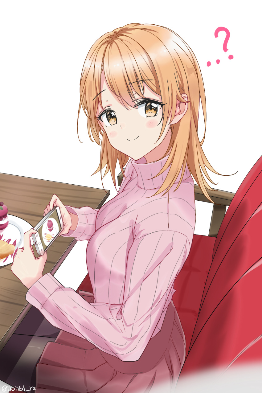 1girl ? arrichee bangs black_legwear blonde_hair blush cellphone closed_mouth eyebrows_visible_through_hair from_above from_side hair_between_eyes highres holding holding_phone isshiki_iroha long_hair long_sleeves looking_at_viewer miniskirt pantyhose phone pink_skirt pink_sweater pleated_skirt ribbed_sweater shiny shiny_hair shiny_legwear simple_background sitting skirt smartphone smile solo sweater taking_picture turtleneck turtleneck_sweater twitter_username white_background yahari_ore_no_seishun_lovecome_wa_machigatteiru. yellow_eyes