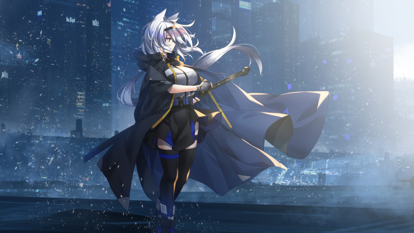 1girl absurdres animal_ears ashisi black_hairband blue_eyes building city cityscape fingerless_gloves gloves hairband highres holding holding_sword holding_weapon katana long_hair original scabbard scenery sheath sheathed silver_hair solo sword thigh-highs very_wide_shot weapon