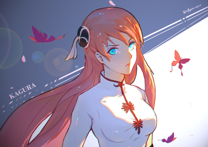 1girl 2019 asymmetrical_sleeves blue_eyes breasts bug butterfly character_name closed_mouth floating_hair gintama glorenia grey_background hair_between_eyes hair_bun highres insect kagura_(gintama) long_hair looking_at_viewer medium_breasts orange_hair shiny shiny_hair shirt solo straight_hair two-tone_background upper_body very_long_hair white_background white_shirt