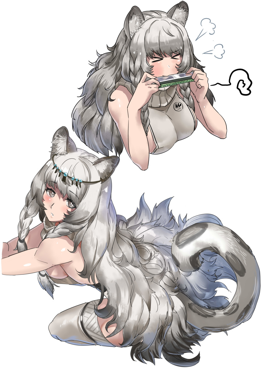 &gt;_&lt; 1girl absurdres animal_ears arknights black_hair blush braid breasts breath chinese_commentary circlet commentary_request eyebrows_visible_through_hair grey_eyes grey_legwear harmonica highres instrument large_breasts leopard_ears leopard_tail long_hair looking_at_viewer multicolored_hair multiple_views pramanix_(arknights) shizuoxing_kof side_braids sideboob silver_hair simple_background sitting squiggle tail thigh-highs twin_braids two-tone_hair wavy_hair white_background