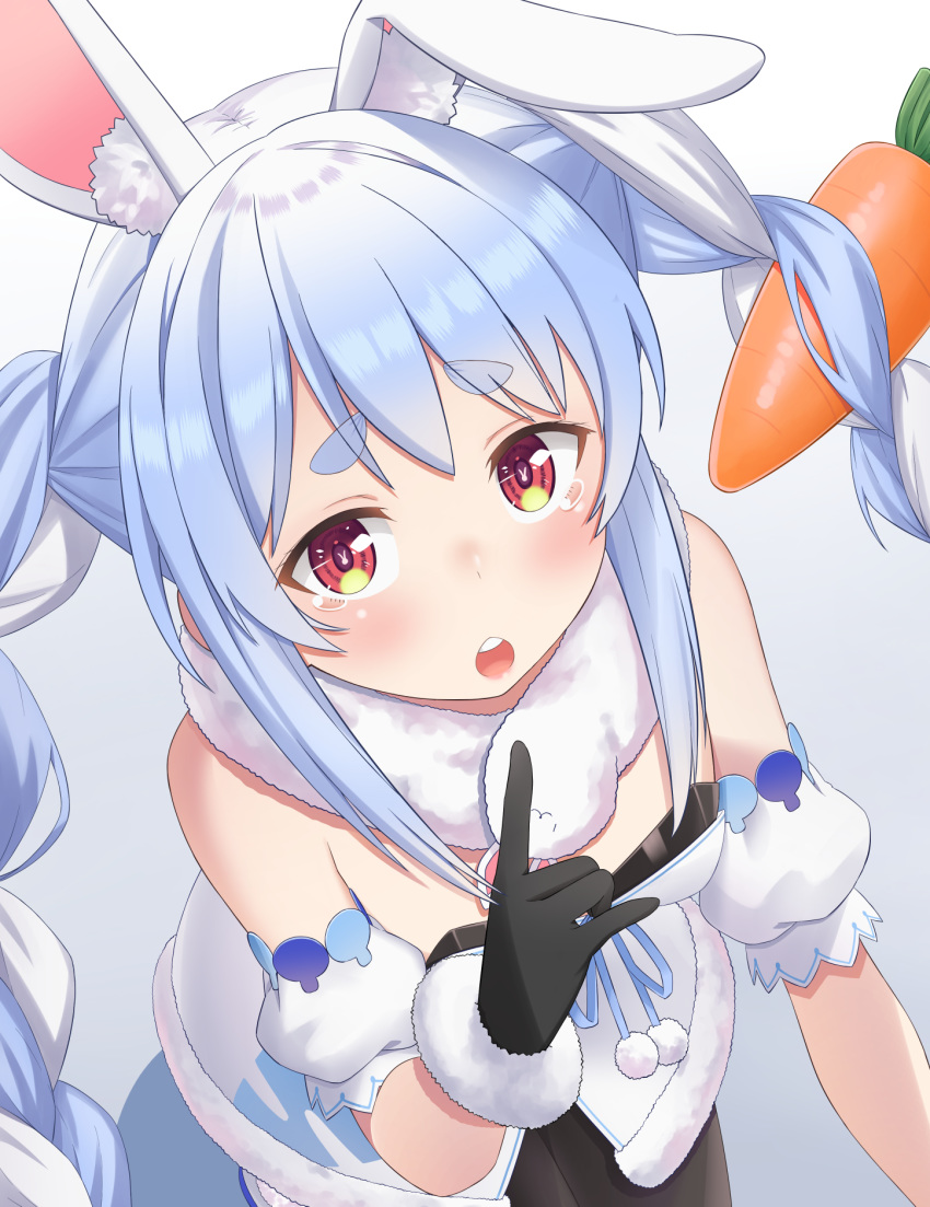 1girl animal_ears bangs blue_hair blush braid carrot_hair_ornament commentary_request detached_sleeves eyebrows_visible_through_hair food_themed_hair_ornament fur-trimmed_gloves fur_collar fur_trim gloves hair_ornament highres hololive looking_up multicolored_hair omaehadareda-uso open_mouth rabbit_ears red_eyes solo symbol-shaped_pupils tearing_up twin_braids two-tone_hair usada_pekora white_hair