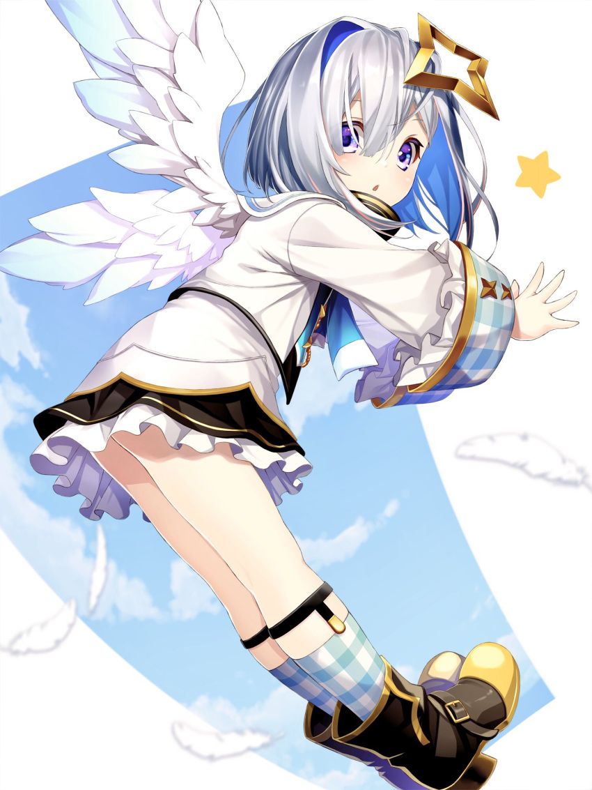1girl amane_kanata angel_wings blue_eyes blue_hair boots chestnut_mouth feathers fenrir_(fenlil0316) full_body halo highres hololive long_sleeves looking_at_viewer multicolored_hair plaid_footwear short_hair silver_hair solo star two-tone_hair virtual_youtuber white_background wings