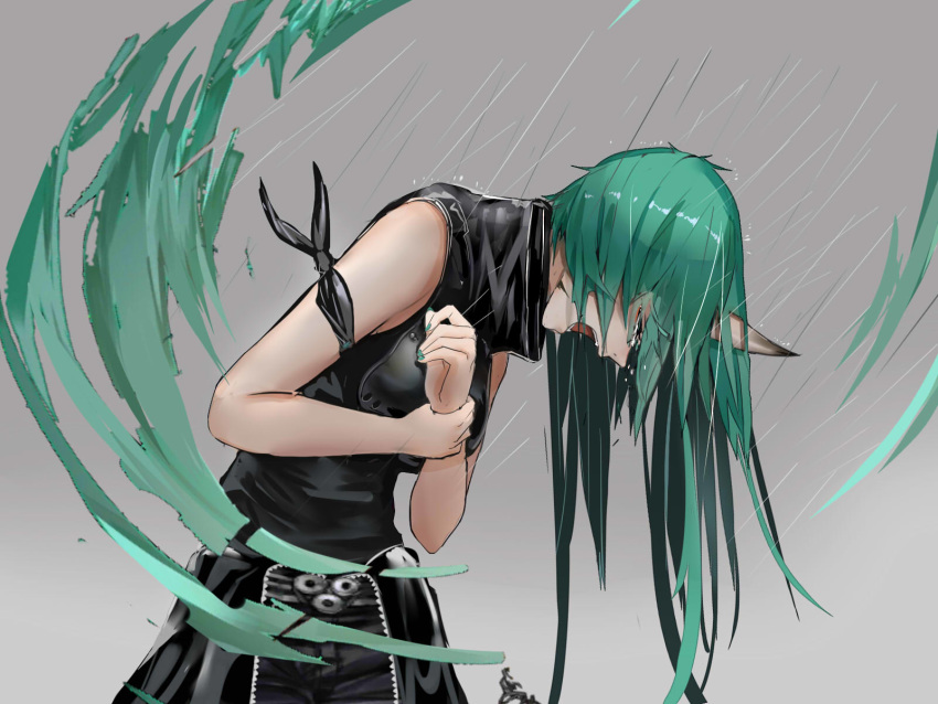 1girl arknights arm_ribbon black_pants black_shirt breastplate closed_eyes commentary_request crying facial_scar green_eyes green_nails highres hoshiguma_(arknights) hzw3 long_hair nail_polish oni_horn open_mouth pants ribbon scar scar_on_cheek shirt sleeveless sleeveless_shirt sobbing solo tears water_drop wet wet_hair wrist_grab