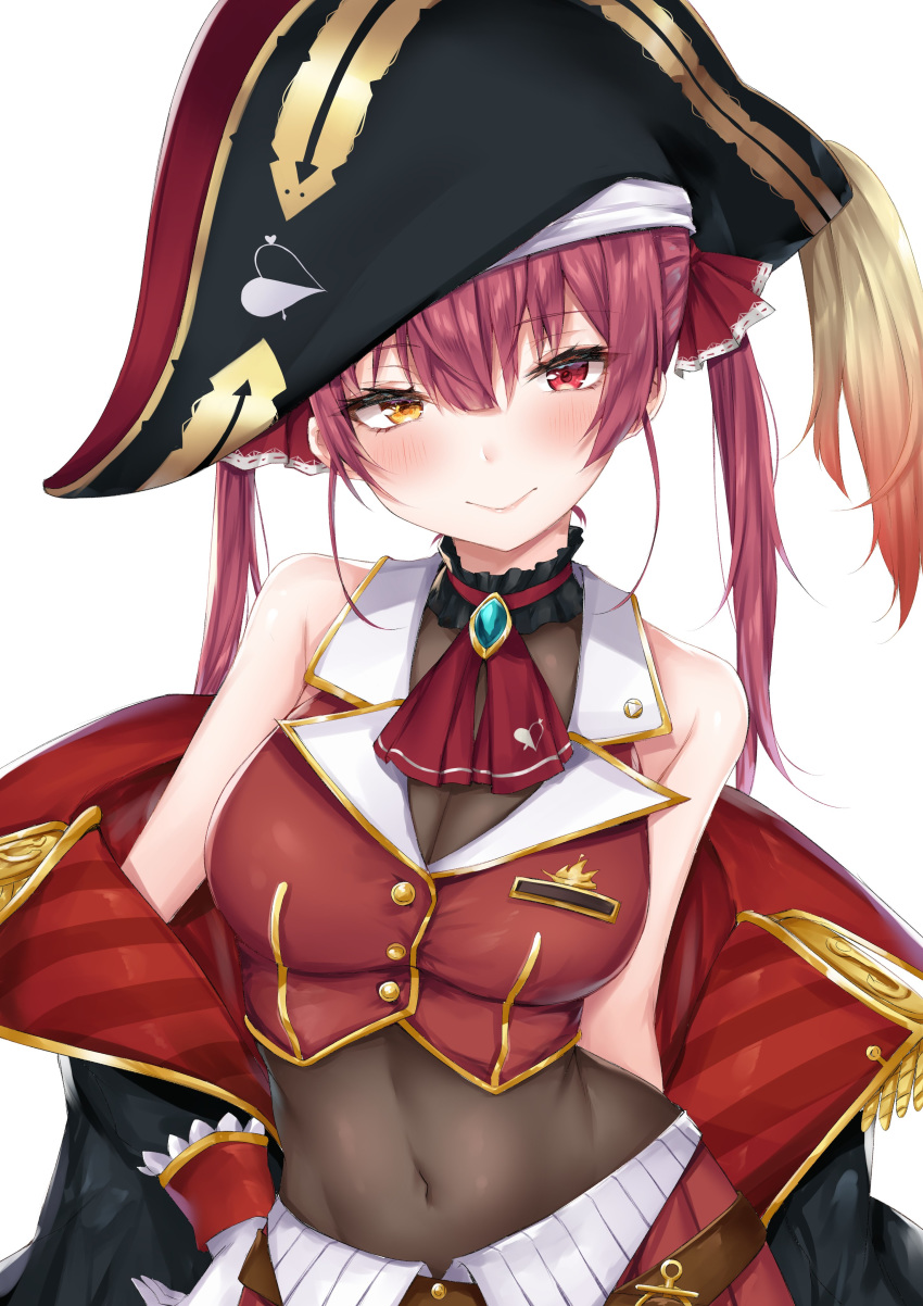 1girl absurdres bare_shoulders bicorne blush brooch coffeedog commentary_request covered_navel gloves hand_on_hip hat heterochromia highres hololive houshou_marine jewelry long_hair looking_at_viewer off-shoulder_coat pink_hair red_eyes simple_background solo twintails upper_body virtual_youtuber white_background white_gloves yellow_eyes