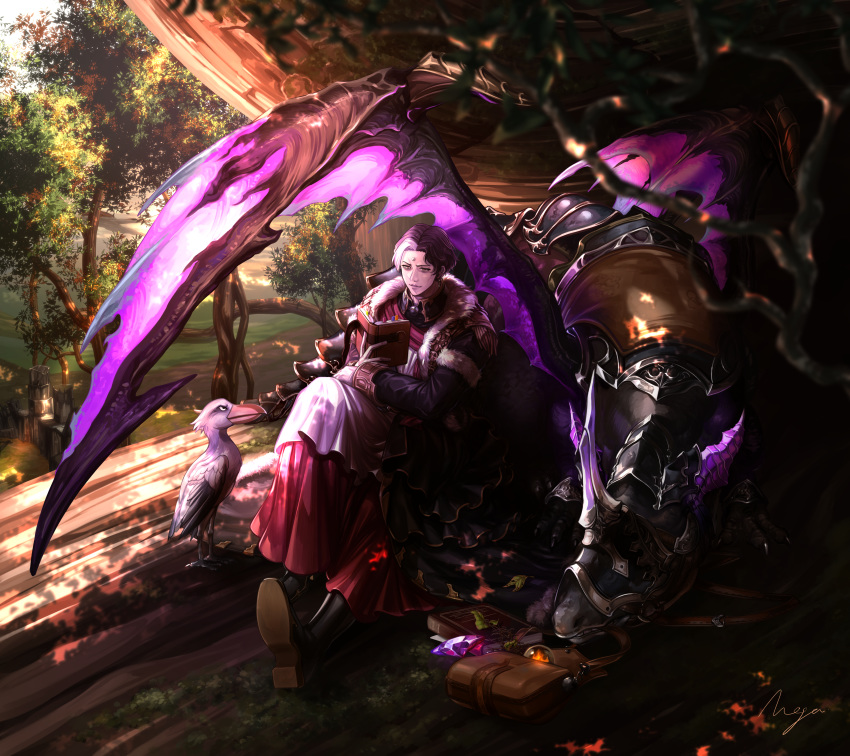 1boy absurdres bag bird book closed_mouth commentary_request crystal dragon emet-selch final_fantasy final_fantasy_xiv forest fur_trim gloves highres huge_filesize jewelry long_sleeves male_focus mega5155214x multicolored_hair nature open_book outdoors ruins shoebill short_hair single_earring sitting solo third_eye tree two-tone_hair white_gloves yellow_eyes