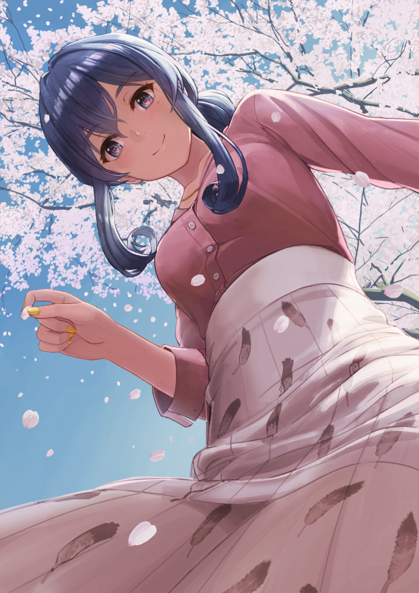 1girl alternate_costume blue_eyes blue_hair blush breasts cherry_blossoms day eyebrows_visible_through_hair feather_print from_below gotland_(kantai_collection) hair_bun highres holding holding_petal jewelry kantai_collection medium_breasts mole mole_under_eye nail_polish necklace outdoors petals pink_shirt shirt skirt sky smile solo tantaka yellow_nails