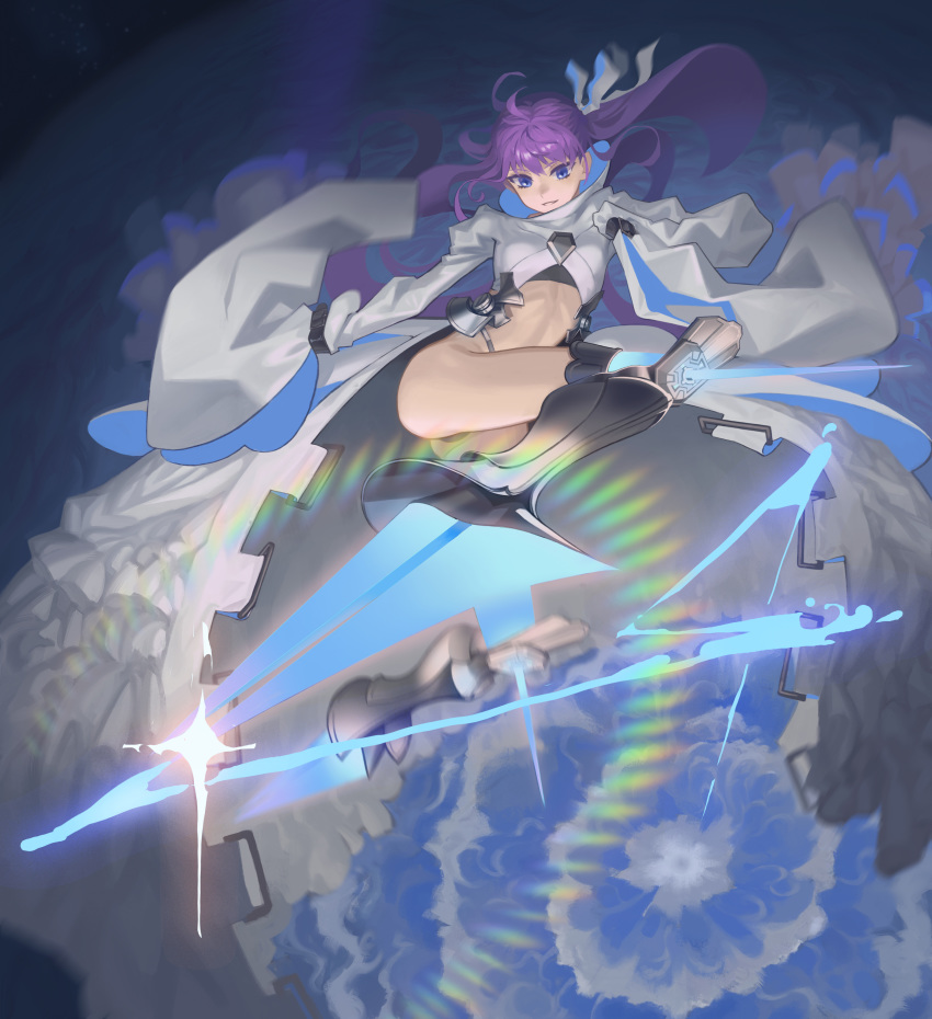 1girl absurdres ass blade blue_eyes drop_kick fate/extra fate/extra_ccc fate/grand_order fate_(series) highres lens_flare long_coat long_hair meltryllis prosthesis prosthetic_leg purple_hair sleeves_past_fingers sleeves_past_wrists