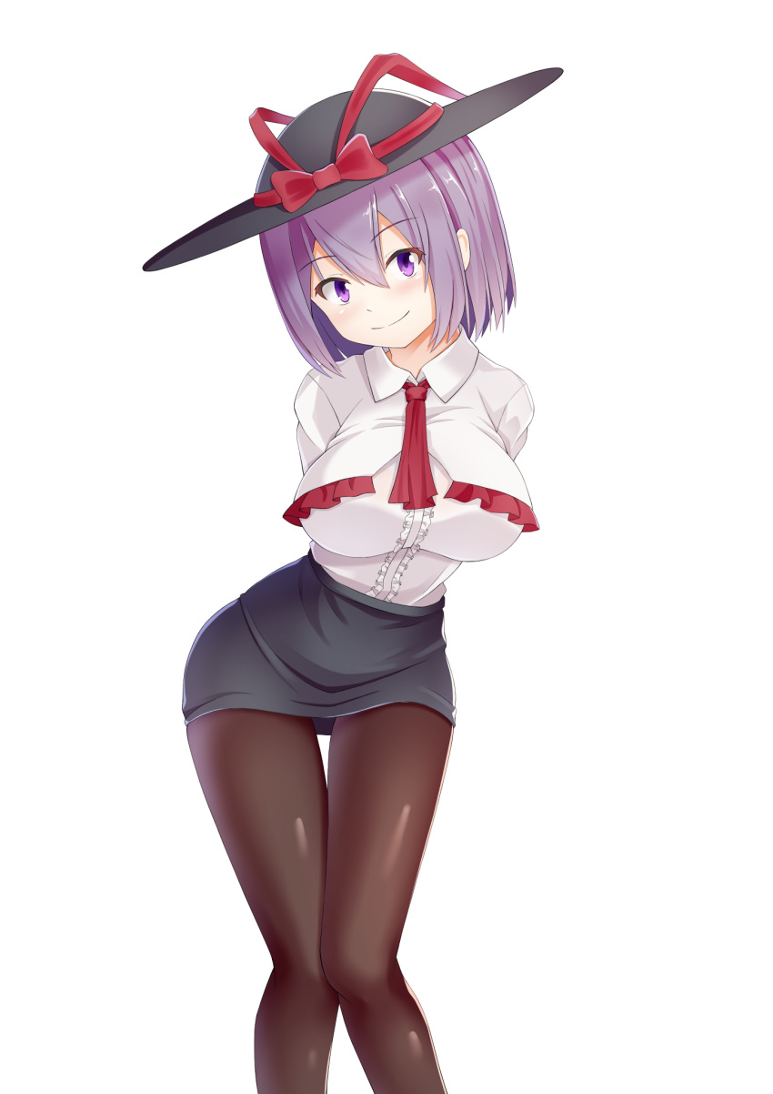 1girl arms_behind_back black_headwear black_legwear black_skirt bow breasts closed_mouth dekaraitaa frills hat hat_bow highres large_breasts leaning_forward looking_at_viewer medium_hair miniskirt nagae_iku pantyhose pencil_skirt purple_hair red_bow red_neckwear shirt simple_background skirt smile solo touhou violet_eyes white_background white_shirt