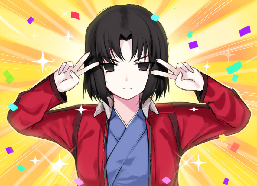 1girl bangs black_eyes black_hair blue_kimono breasts closed_mouth confetti double_v emotional_engine_-_full_drive fate/grand_order fate_(series) hands_up jacket japanese_clothes kara_no_kyoukai kimono long_sleeves looking_at_viewer ompf orange_background parody parted_bangs red_jacket ryougi_shiki short_hair small_breasts solo sparkle sunburst sunburst_background v