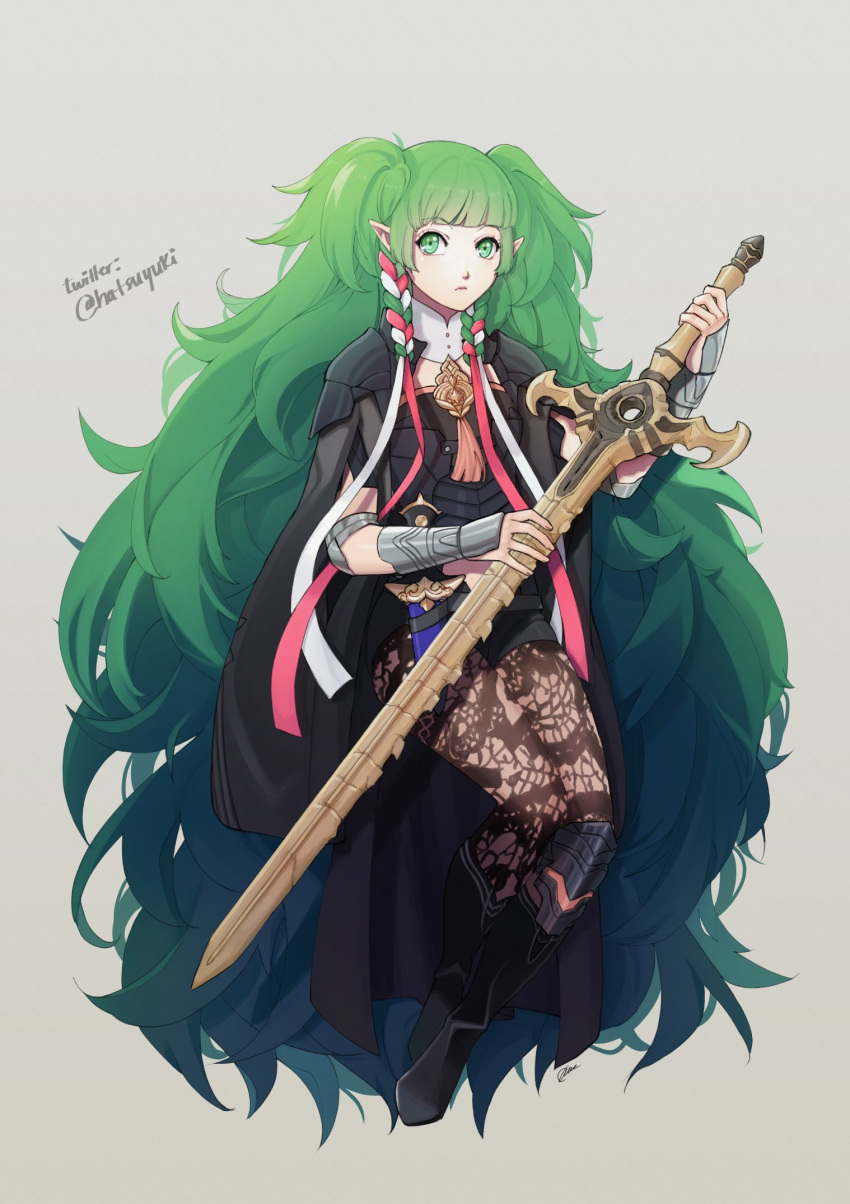 1girl armor black_shorts braid byleth_(fire_emblem) byleth_eisner_(female) byleth_eisner_(female)_(cosplay) closed_mouth cosplay fire_emblem fire_emblem:_three_houses full_body green_eyes green_hair grey_background hatsuyuki_(lyrith) highres holding holding_sword holding_weapon long_hair pantyhose pointy_ears ribbon_braid shorts simple_background solo sothis_(fire_emblem) sword twin_braids twitter_username weapon